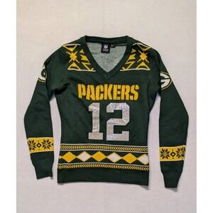 Green Bay Packers Aaron Rodgers #12 Glitter Sweater Womens S Gameday Cozy Knit
